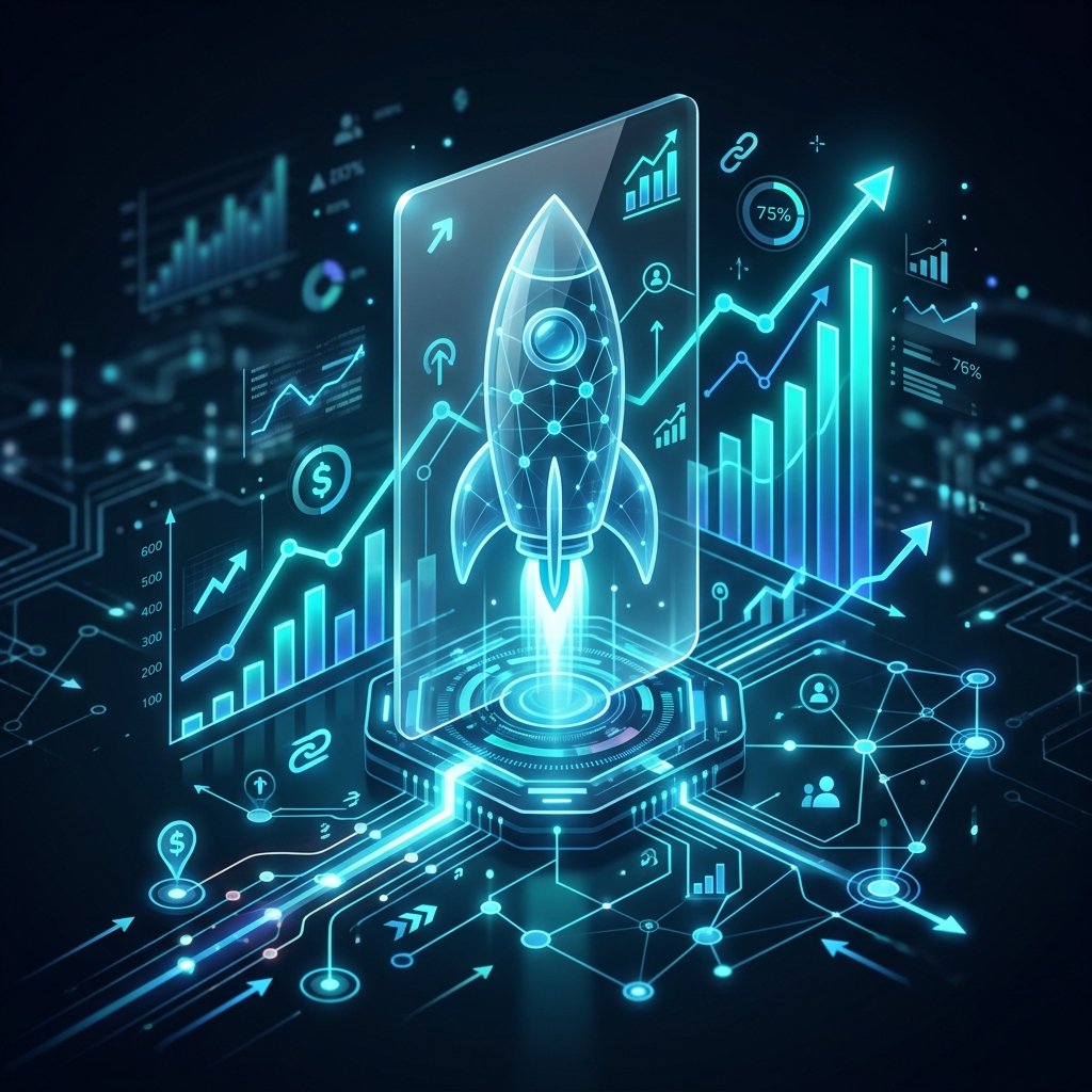 A modern high-tech digital illustration representing starting an affiliate marketing business