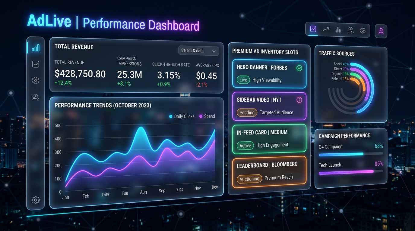 AdLive digital marketing dashboard showing performance metrics and premium ad inventory slots